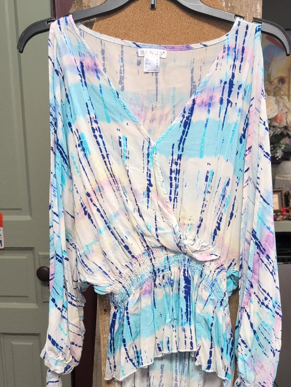 VENUS Pastel Blue & Navy Tie-Dye Surplice Blouse